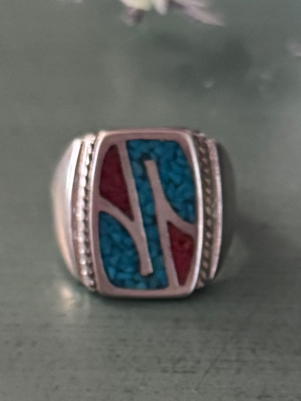 Vintage Southwest-Style Ring Featuring Turquoise & Red Coral Chip Inlay
